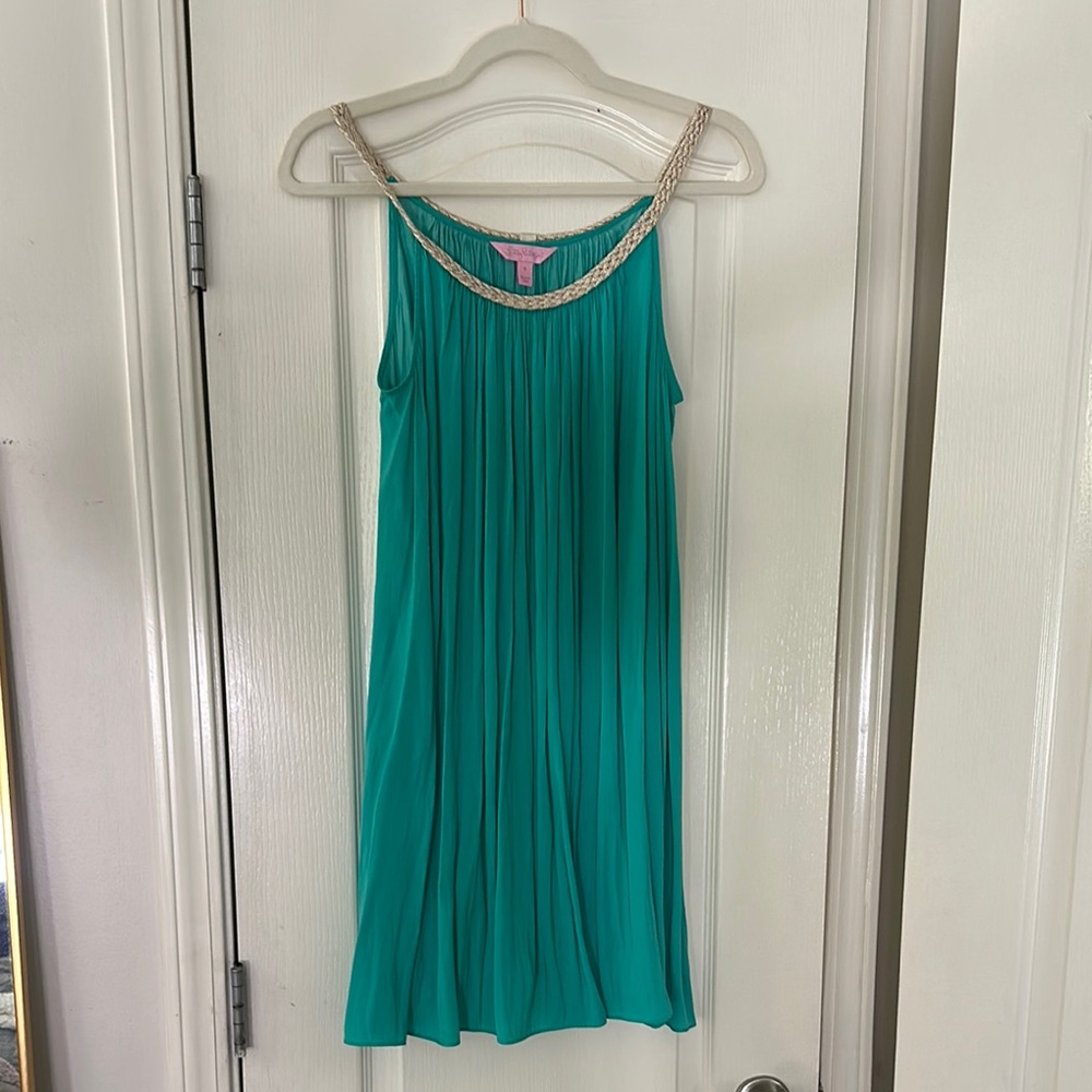 Teal Sleeveless Dress with Braided Neckline